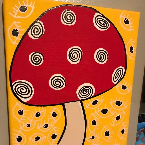 Acrylic painting of a mushroom. Eyes as the background. - Picture 1 of 1
